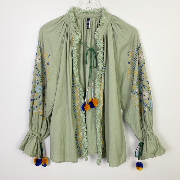 Zara Jackets & Blazers - ZARA Embroidered Boho Jacket S Green Pom Hippie